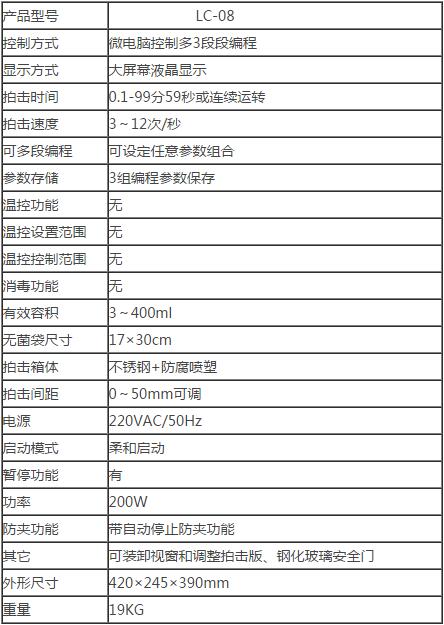 拍打式無(wú)菌均質(zhì)器參數(shù)：
